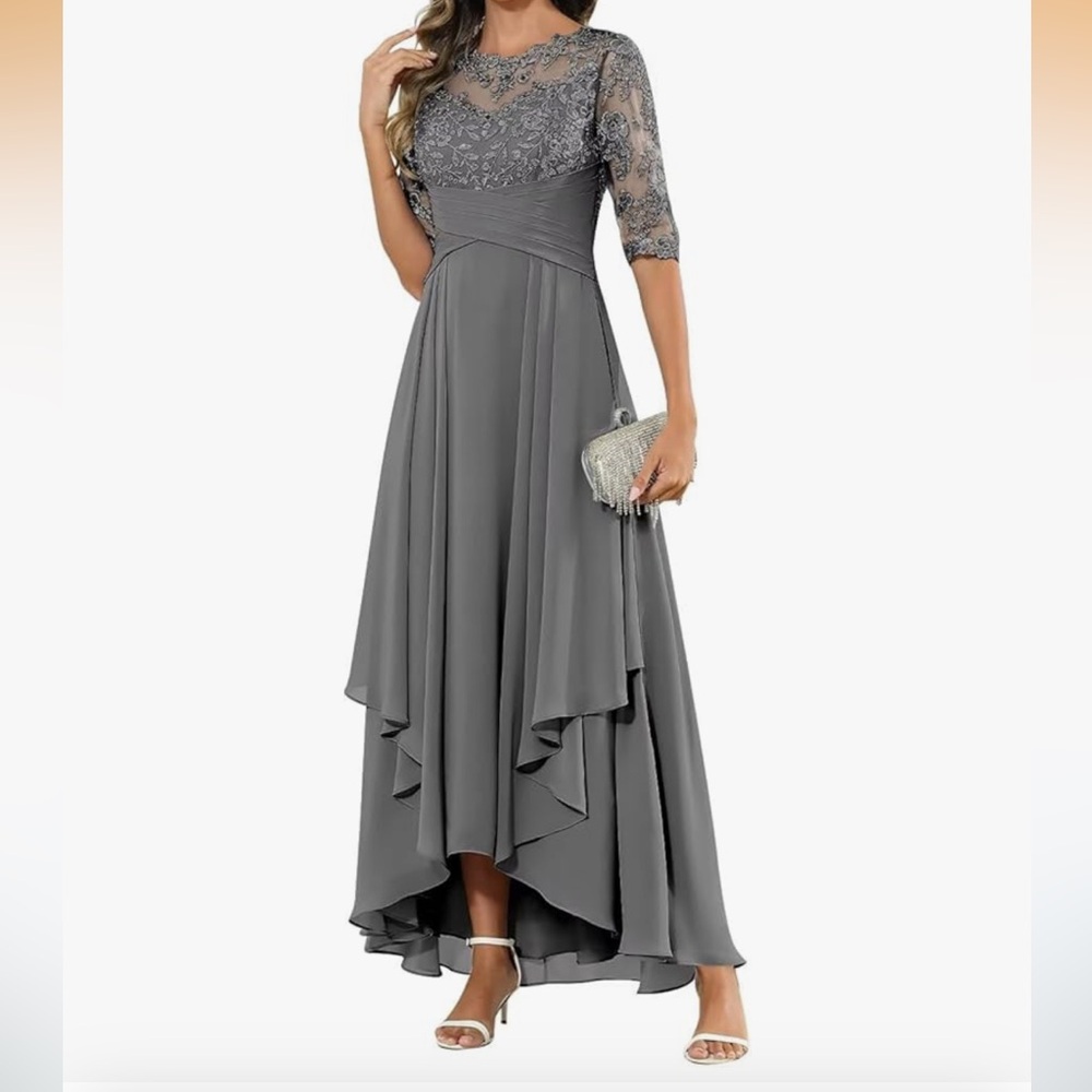 Elegant Gray Lace Evening Gown